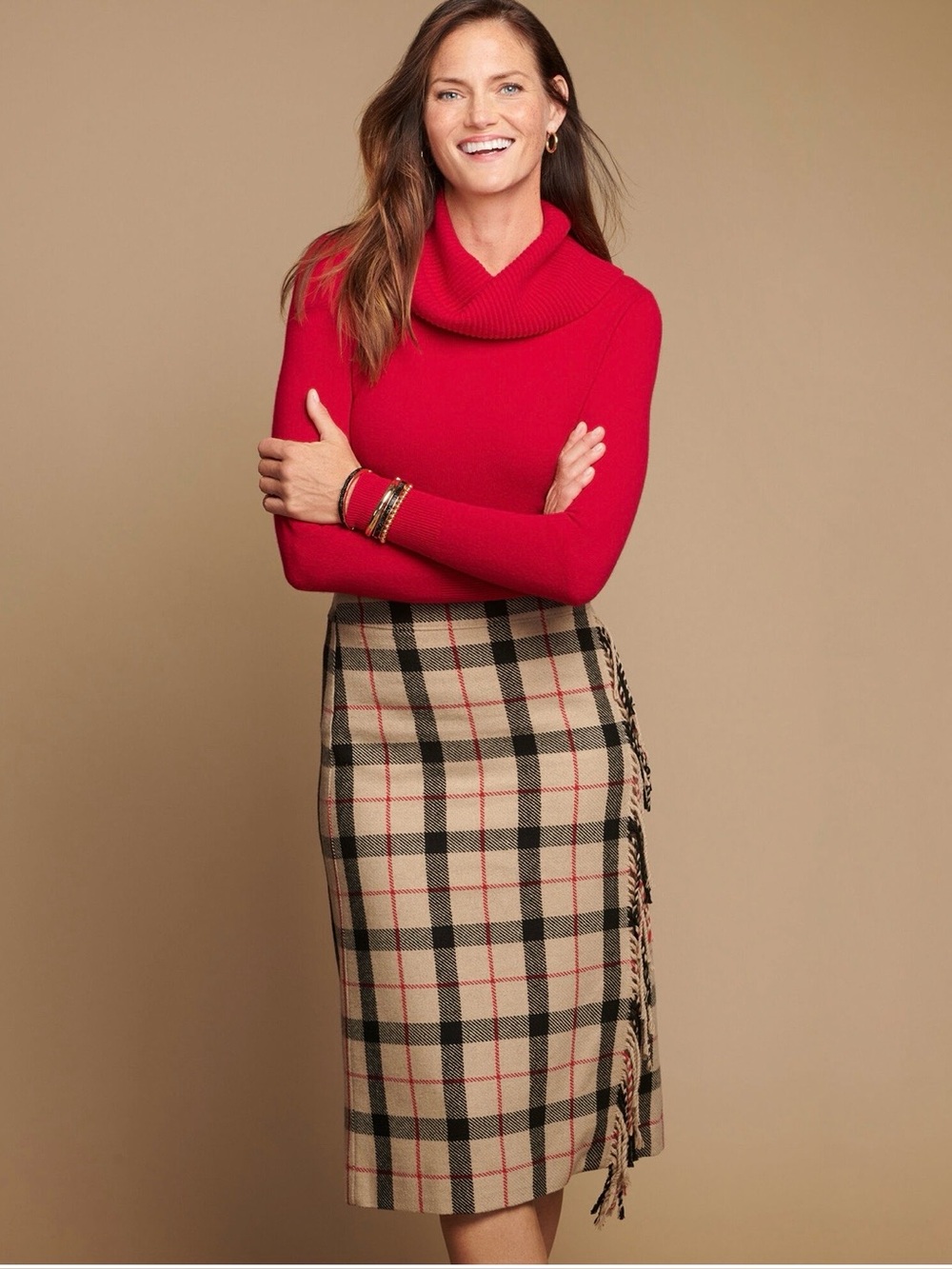 Talbots Plaid Fringe Faux Wrap Skirt Outdoor Plaid Wool Blend Size 14 NWT